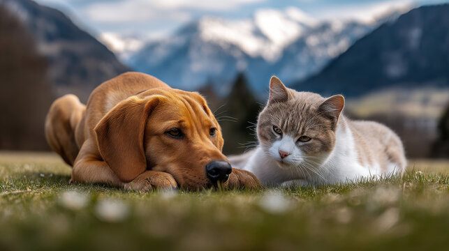 Dog cat mountain grass outdoor animal pet nature landscape friendship Dog and cat lying grass mountain landscape, outdoor scene with nature