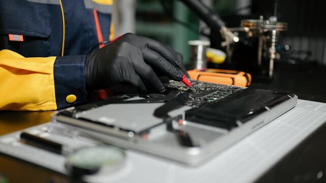 Electronics technician, electronic engineering electronic repair, electronics measuring and testing, repair and maintenance concepts.uses a voltage meter to check and upgrade