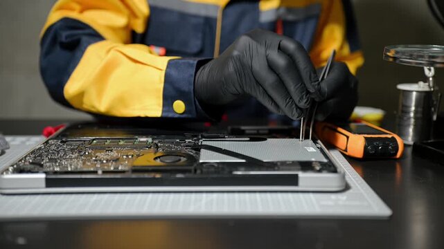 Electronics technician, electronic engineering electronic repair, electronics measuring and testing, repair and maintenance concepts.uses a voltage meter to check and upgrade