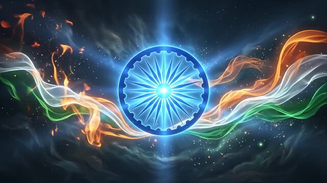 Vibrant cosmic display featuring the Indian flag colored smoke trails surrounding a stylized Ashoka Chakra in space