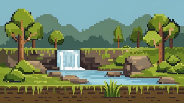 8 bit pixel art landscape featuring a waterfall flowing into a river with trees and mountains.