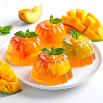 Fresh Mango Jelly Desserts on White Plate.