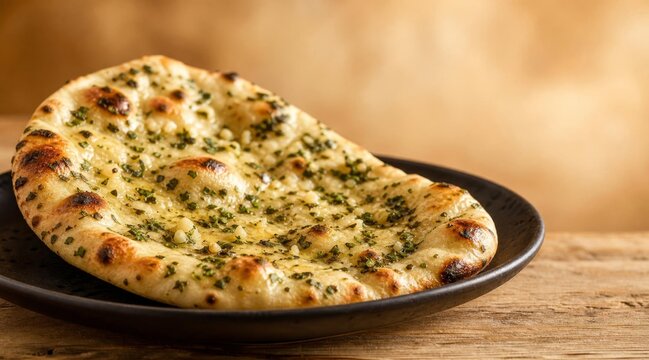 Freshly Baked Garlic Naan Bread Served on a Black Plate.