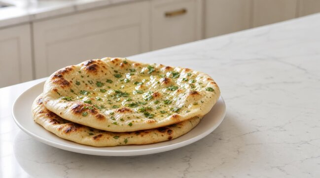 Freshly baked garlic naan bread served on a white plate in a bright kitchen.