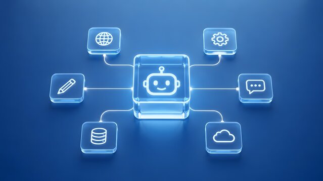 Glowing glass cube with robot face connected to network icons. Concept of artificial intelligence ecosystem, machine learning, and cloud computing.