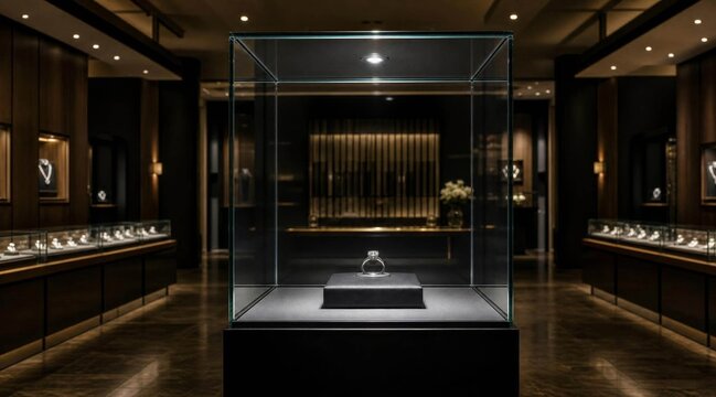 Luxury Jewelry Boutique Interior Featuring Empty Display Case.