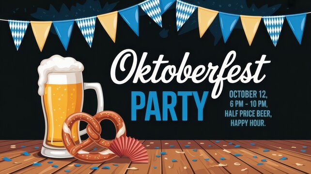 Oktoberfest party flyer with beer and pretzel