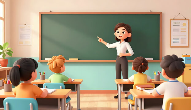 A cartoon teacher stands in front of a classroom of students at their desks
