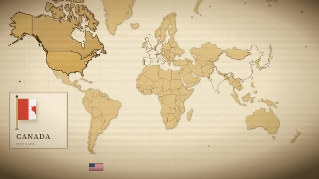 World Map Infographic Cycling Through Countries with Flag Cards and Capital Labels