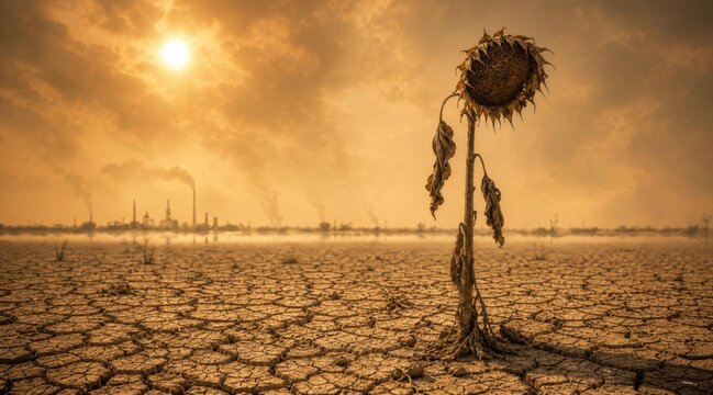 Withered sunflower in a desolate dry cracked landscape with industrial pollution.