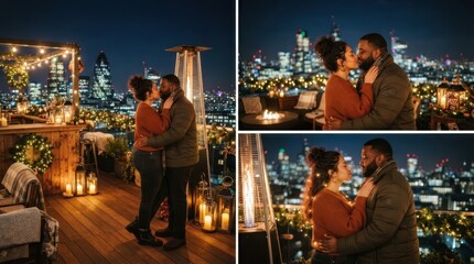 Fototapeta premium Romantic couple embracing on a city rooftop at night with festive lights