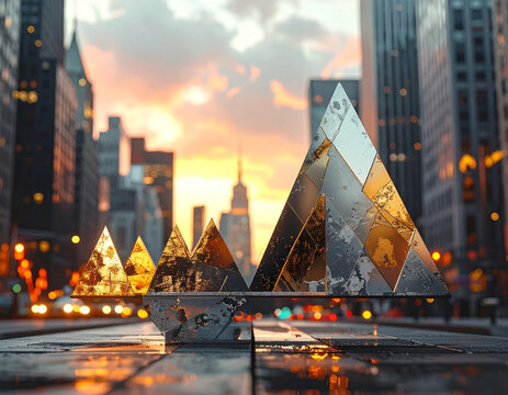 Abstract geometric sculpture in city street symbolizing balance and instability