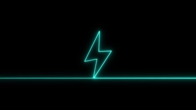 Glowing neon battery charging icon animation. Abstract energy symbol electric vehicle power on black background. Battery charging power neon line lightning bolt sign.