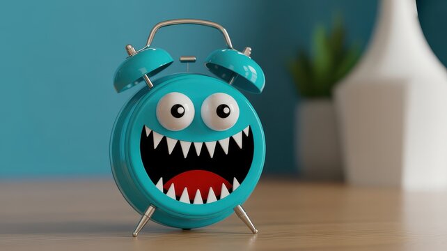 Funny cartoon alarm clock with a wide open mouth and sharp teeth, startled expression isolated on white background