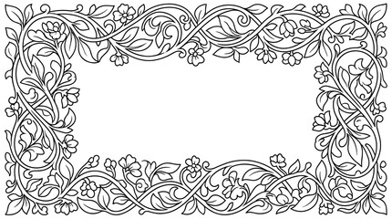 Obraz premium Ornate floral border with swirling vines and small flowers, black line art on white background
