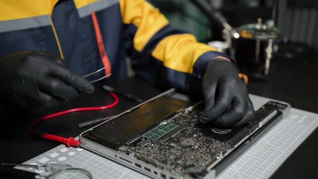Electronics technician, electronic engineering electronic repair, electronics measuring and testing, repair and maintenance concepts.uses a voltage meter to check and upgrade