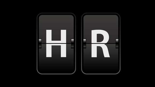 Flip text animation of a board showing the word hr with transparent background video & looping alpha channel.