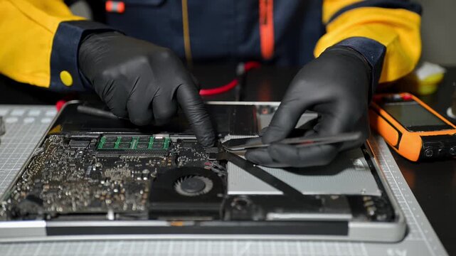 Electronics technician, electronic engineering electronic repair, electronics measuring and testing, repair and maintenance concepts.uses a voltage meter to check and upgrade