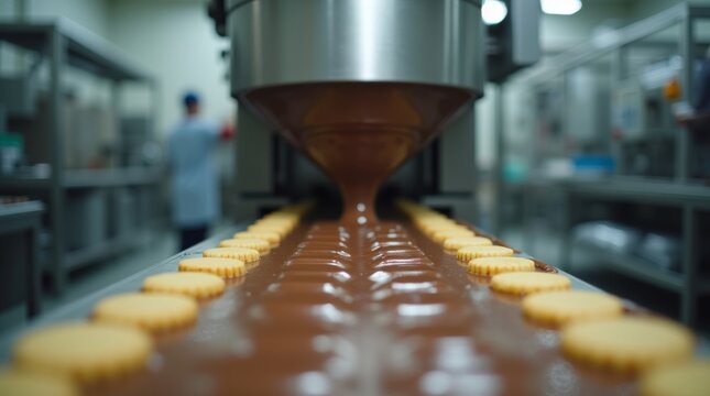 Automated chocolate coating process on a cookie production line in a food factory.