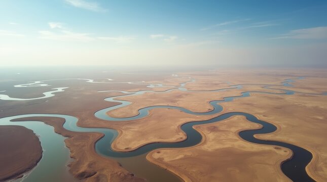 Aerial view of winding river in arid landscape.