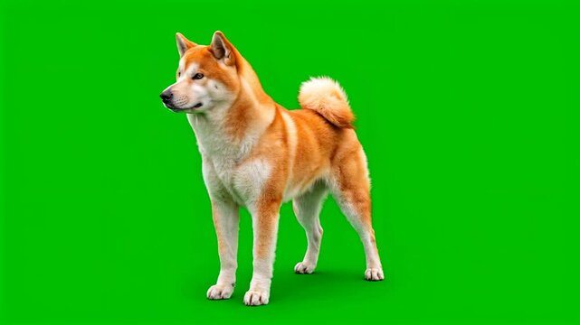 Akita dog standing alert against a green chroma key background, 4K video for video editing