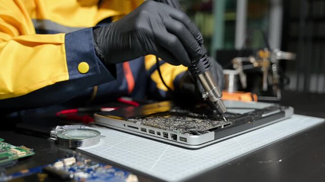 Skilled technician using multimeter probes to test voltage and diagnose a laptop motherboard on a professional workbench.
