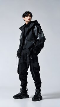 Full body shot of stylish Asian man posing in all-black oversized techwear hooded jacket, cargo pants, and chunky sneakers, futuristic streetwear model.
