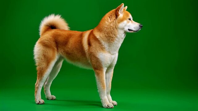 Akita inu dog standing side view against a green screen background 4K video for video editing