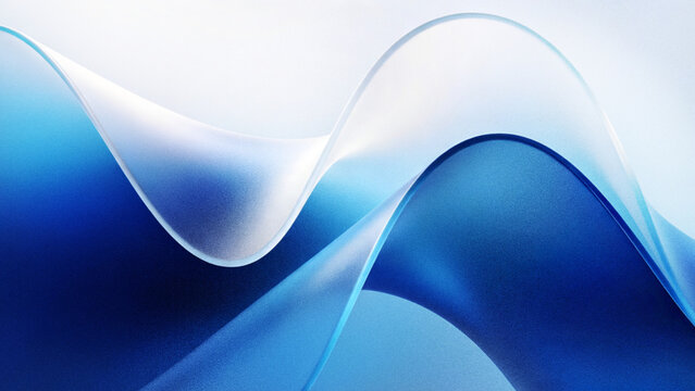 Abstract grainy glassmorphism background with blurred deep blue light blue and white frosted glass wavy aura ribbons over warm light gradient backdrop design.