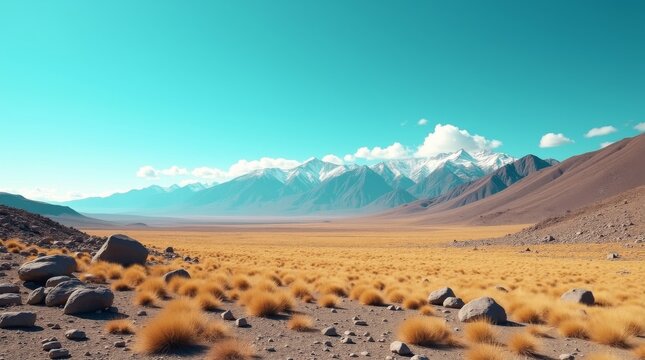 Vast desert landscape with golden grass and snow-capped mountains in the distance.