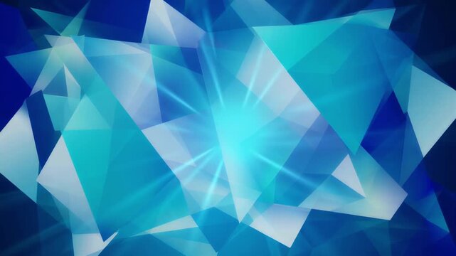 Blue geometric crystal shapes floating in abstract motion video showcasing dynamic light refractions and cool glowing translucent layers of glass