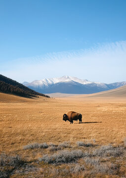 Side view of lone bison standing on golden grassland with mountain range and blue sky in background, peaceful wilderness scene