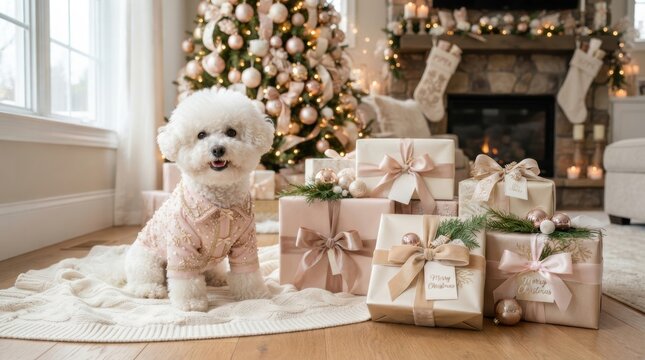 Adorable Bichon Frise dog dressed in festive attire surrounded by Christmas gifts