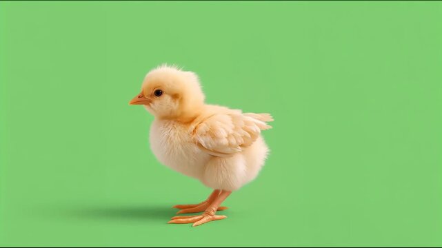 Small fluffy yellow chick walking on green screen background 4K video for video editing