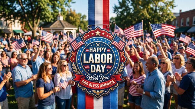 Public crowd celebrating Labor Day with American flags and graphics.