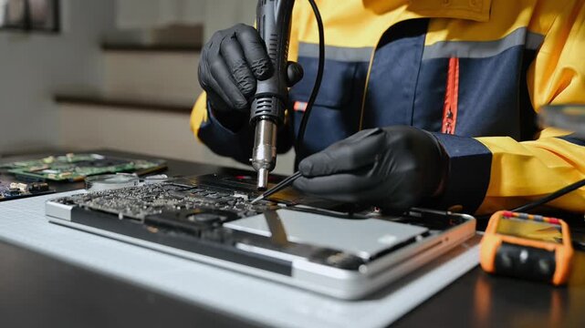 Skilled technician using multimeter probes to test voltage and diagnose a laptop motherboard on a professional workbench.