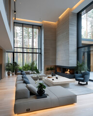 Fototapeta premium Modern double height living room with large windows, gray sectional sofa, fireplace, indoor plants, wood floor, cozy atmosphere