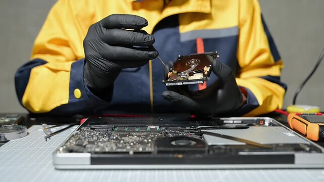 Skilled technician using multimeter probes to test voltage and diagnose a laptop motherboard on a professional workbench.