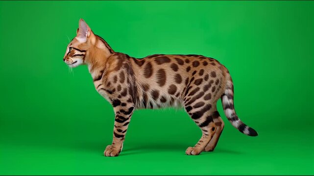 Full body studio portrait of a spotted bengal cat standing on a solid chroma key green 4K video for video editing