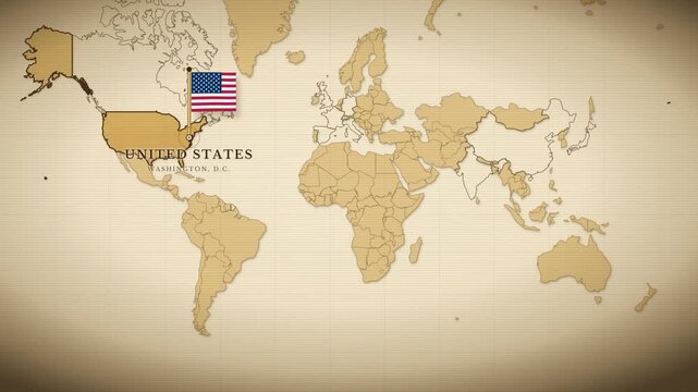 World Map Animation Highlighting Countries with Waving Flags and Capital Labels