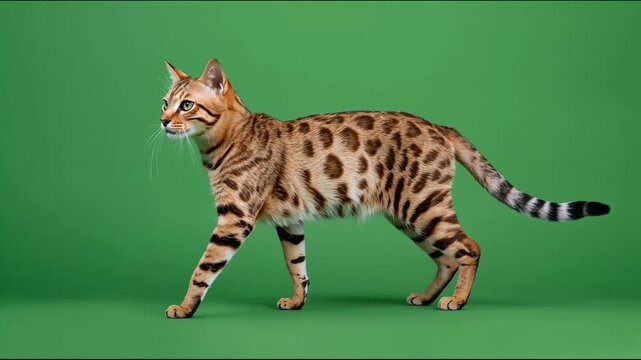 Bengal cat walking across a solid green background studio 4K video for video editing