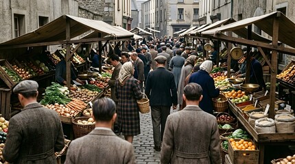 Obraz premium Bustling outdoor market scene with shoppers and vendors selling fresh produce in a narrow street.