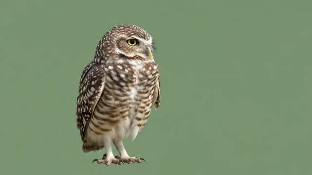 A detailed portrait of a burrowing owl standing against a muted green backdrop