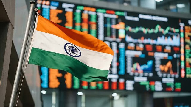 Indian Flag in a Stock Market Trading Room with Financial Charts and Data