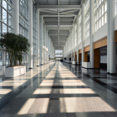 Fototapeta premium Spacious corridor modern architecture large windows natural light indoor tree polished floor empty hallway geometric shadow