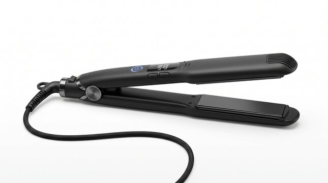Professional black hair straightener with ceramic plates, modern flat iron hair styler, beauty salon equipment on white background