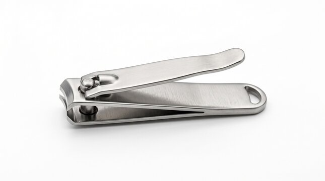 Stainless steel nail clippers on white background. Professional metal manicure tool for personal grooming. Silver pedicure cutter for hygiene.