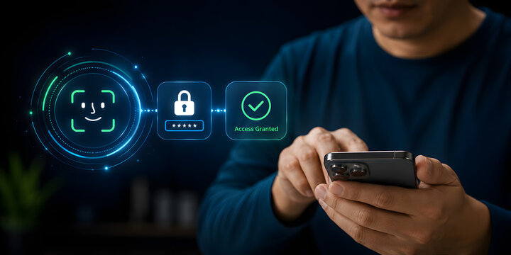 Person interacting with holographic biometric face scan and secure access granted confirmation on mobile phone.