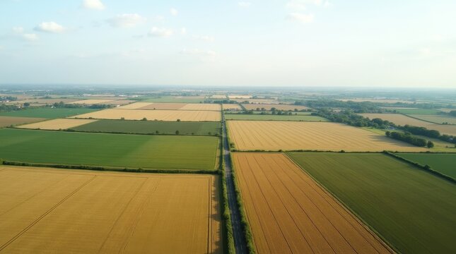 Aerial view of vast agricultural farmland and crop fields at sunset.