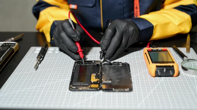 Professional technician repairing a smartphone using a multimeter for circuit diagnostics in an electronics workshop. Ideal for technology, repair service, and engineering